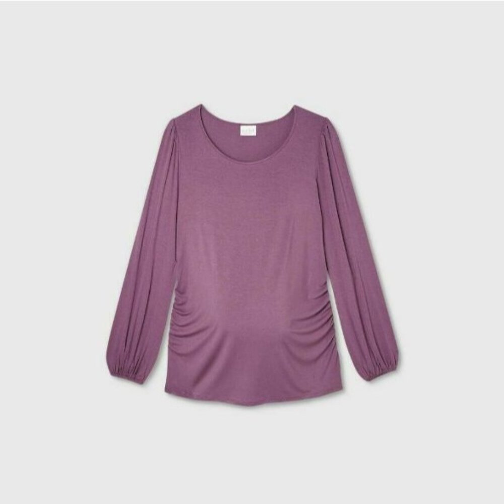 Isabel Maternity Long Sleeve Blouson Fitted Knit Top Purple Size XS